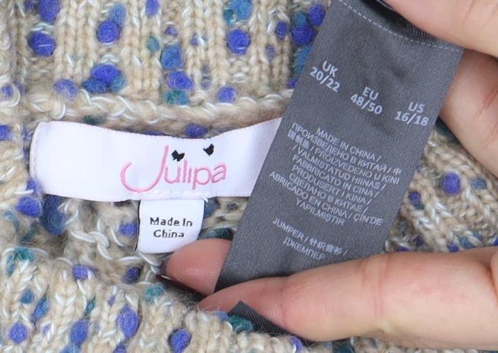 Julipa Womens Beige Open-Knit High Neck Short Sleeve Pullover Jumper Size 20