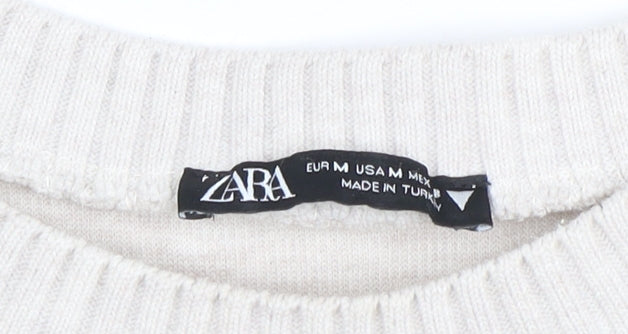 ZARA Women Beige Knit Cotton Blend Crew Neck Jumper Size 12