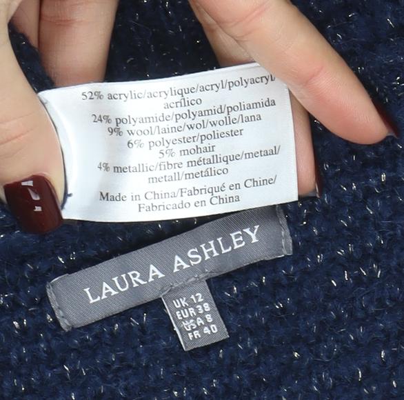 Laura Ashley Women Navy Blue Metallic Knit Jumper UK 12 Crew Neck 3/4 Sleeve