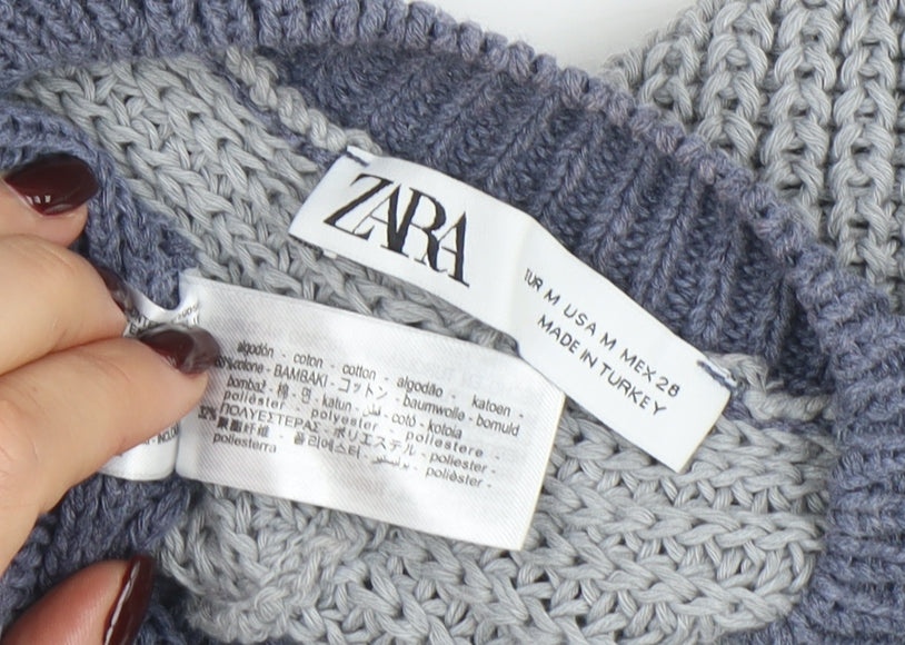 ZARA Women Blue Knit Cotton Blend Raglan Sleeve Belted Jumper Size M