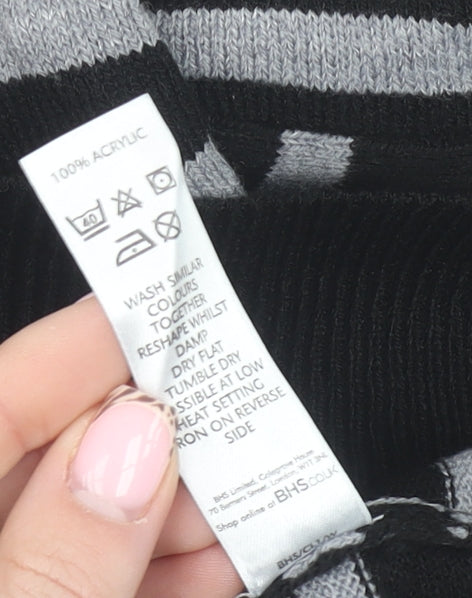 BHS Women’s Black Grey Striped V-Neck Acrylic Jumper Size 16