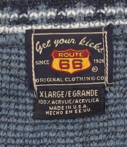 Route 66 Men's Blue Fair Isle V-Neck Acrylic Pullover Jumper XL