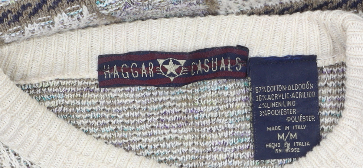 Haggar Men's Beige Geometric Knit Crew Neck Pullover Jumper M