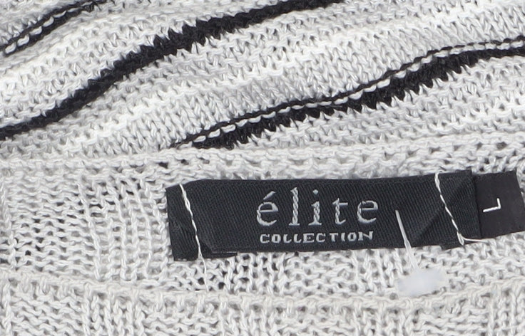 Elite Collection Women Grey Striped 3/4 Sleeve Pullover Jumper Size L