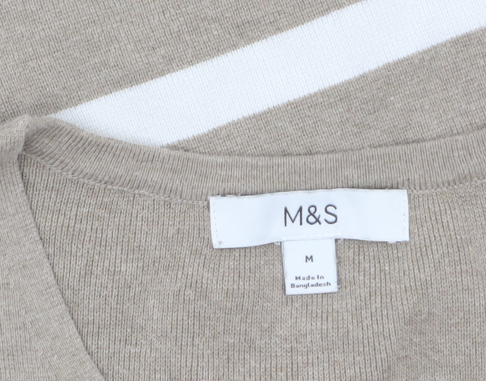 Marks & Spencer Women’s Beige Striped V-Neck Cotton Jumper M
