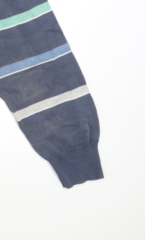 Atlantic Bay Men's Blue Striped Cotton Crew Neck Jumper Size L
