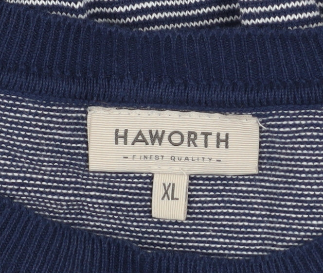 Haworth Men Blue Striped Cotton Crew Neck Pullover Jumper XL