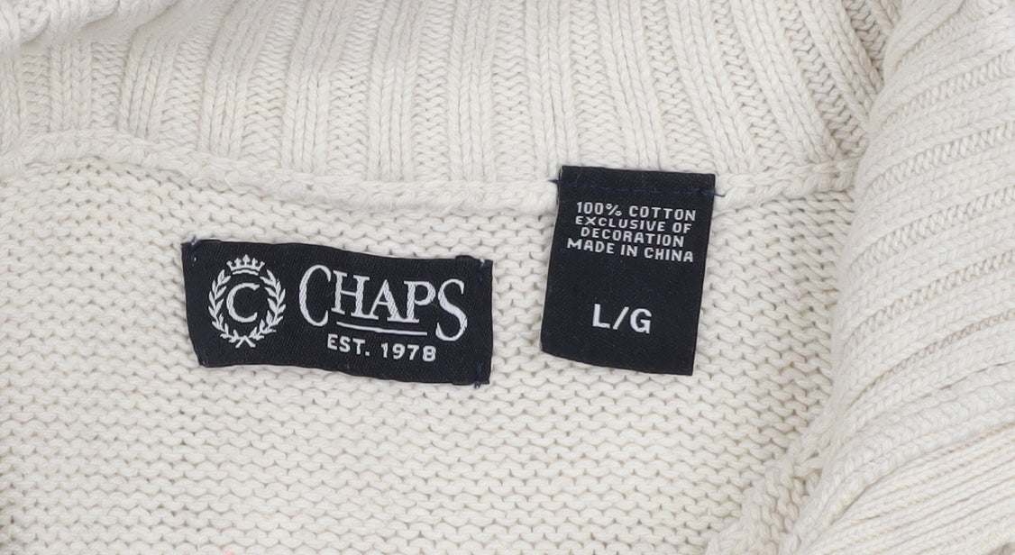 Chaps Men Ivory Cotton Henley Jumper L High Neck Button Knit Top