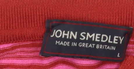 John Smedley Women's Red Striped Sea Island Cotton Polo Top L