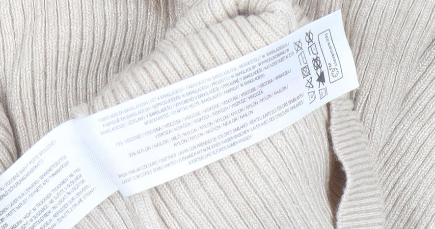 Primark Women Beige V-Neck Ribbed Knit Long Sleeve Top Size S