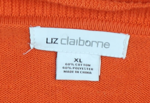 Liz Claiborne Women Orange Cotton Blend V-Neck Cardigan XL