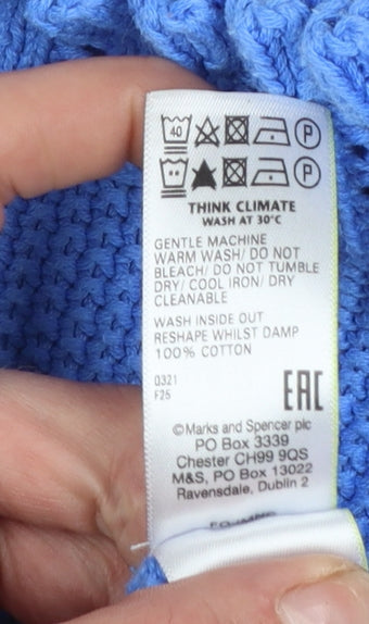 Marks & Spencer Women Blue Open-Knit High Neck Cotton Jumper Size 14