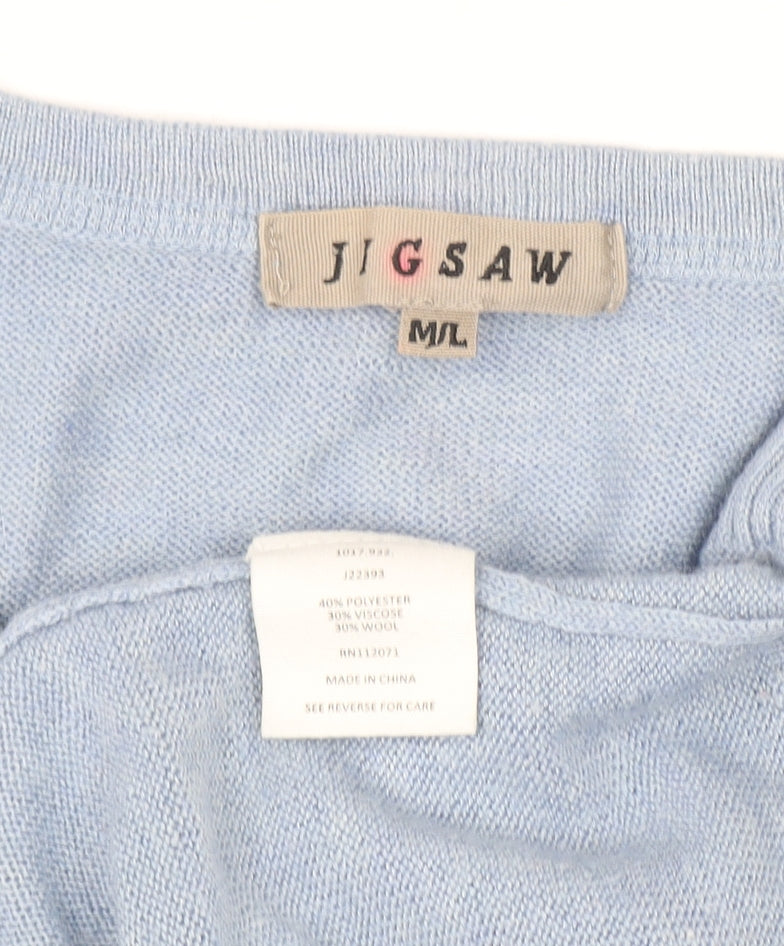 Jigsaw Women's Blue Knit V-Neck Short Sleeve Wool Blend Top M