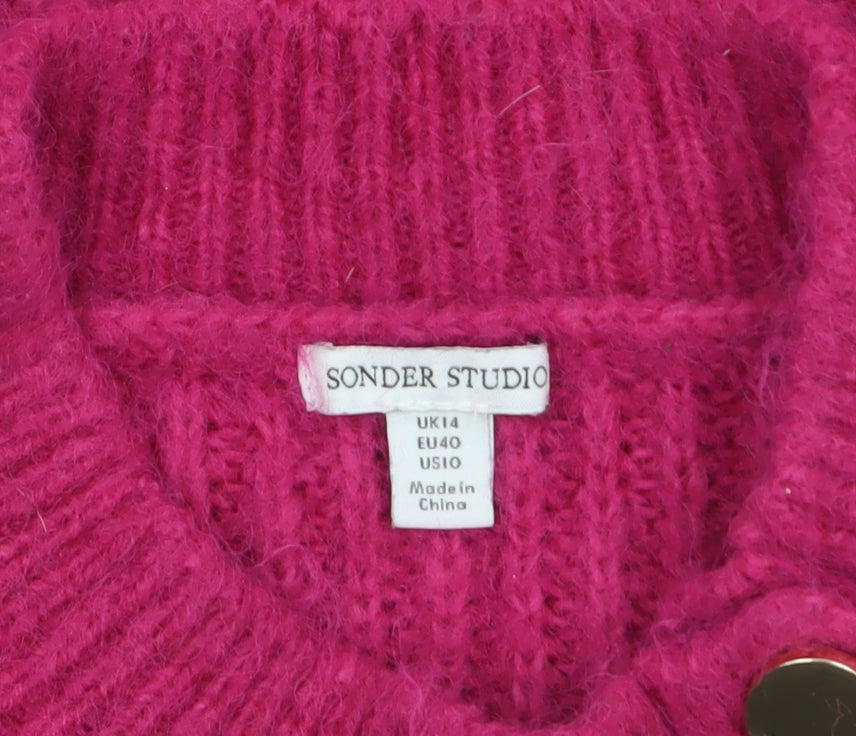 Sonder Studio Women’s Pink Chunky Knit Mock Neck Jumper Size 14