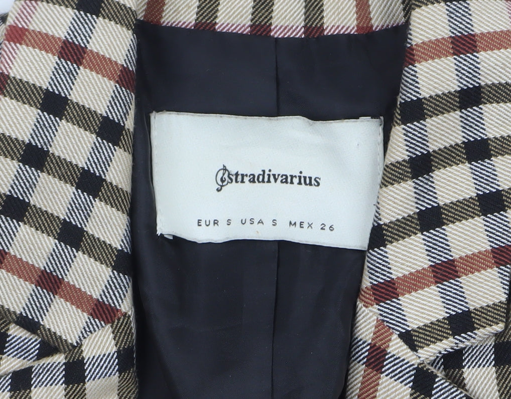 Stradivarius Women Beige Check Double-Breasted Blazer Size S