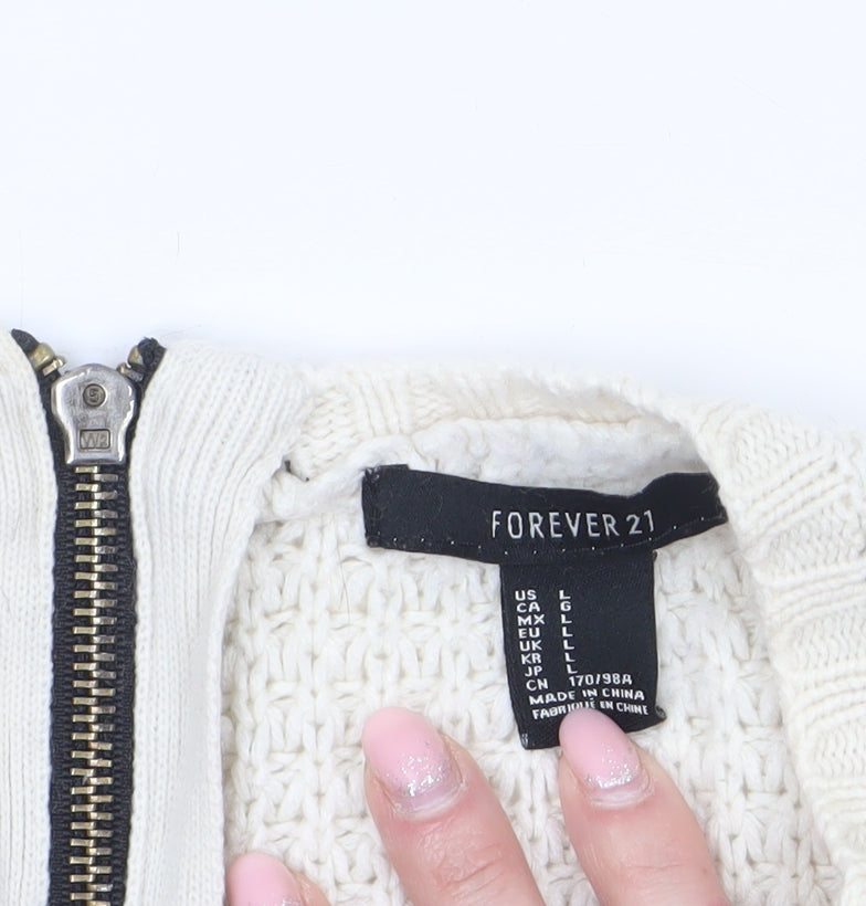 Forever 21 Women Ivory Full Zip Knit Jumper Size L