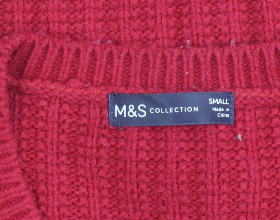 Marks & Spencer Women Red Chunky-Knit V-Neck Pullover Jumper Size S