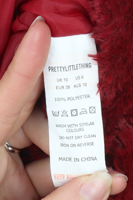 PRETTYLITTLETHING Womens Red Cropped Faux Fur Puffer Jacket UK 10