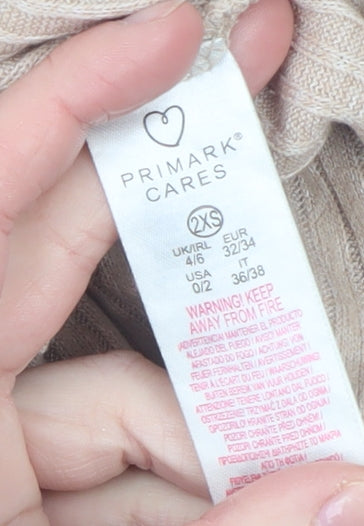 Primark Womens Beige Ribbed V-Neck Long Sleeve Pyjama Top 2XS