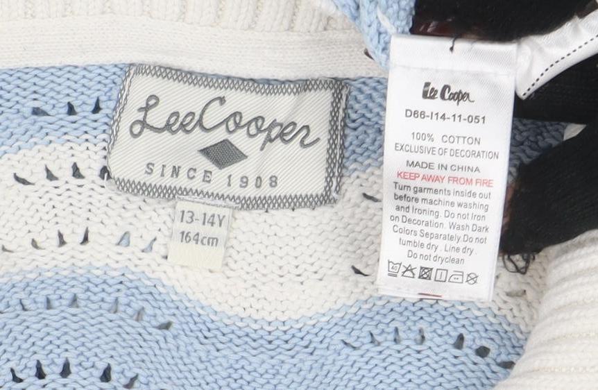 Lee Cooper Womens Blue White Collared Knit Jumper Size L Cotton Pullover