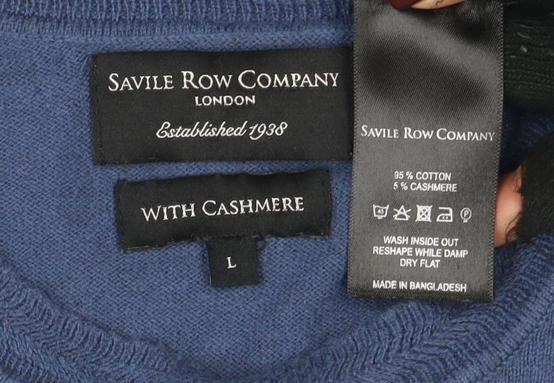 Savile Row Company Men’s Blue Cotton Cashmere Crew Neck Jumper L