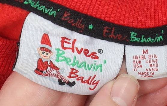 Elves Behavin' Badly Women Red Medium Pullover Sweatshirt Christmas Elf Graphic