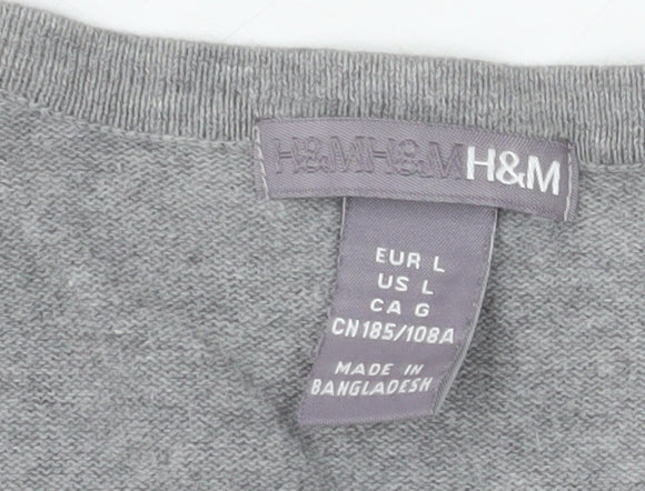 H&M Men Grey Cotton V-Neck Pullover Jumper Size L
