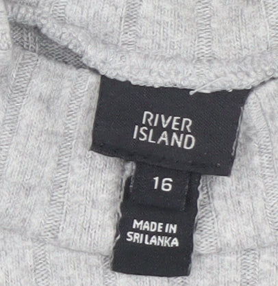 River Island Women’s Grey Ribbed Knit Belted Midi Bodycon Dress Size 16