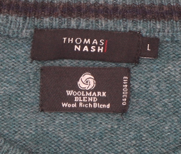 Thomas Nash Men's Green Wool Blend Crew Neck Jumper L
