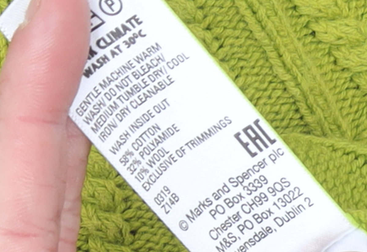 Marks & Spencer Womens Green Cable Knit High Neck Jumper M