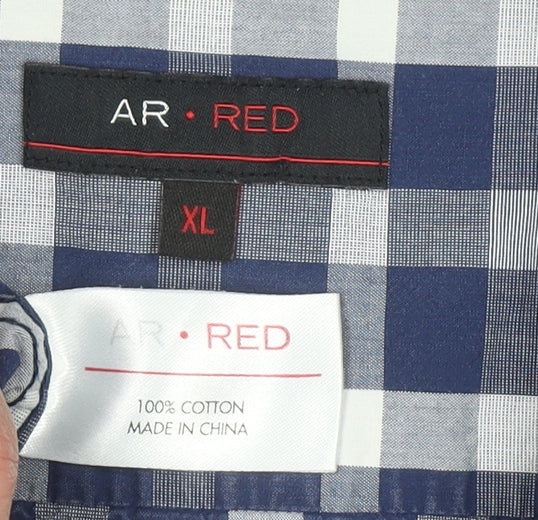 AR RED Men’s Blue Check Cotton Long Sleeve Button-Up Shirt XL