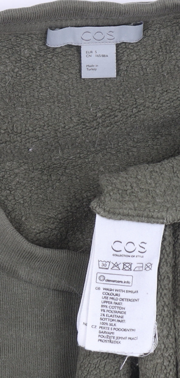 COS Women Green Silk Hem Long Sleeve Crew Neck Pullover Jumper Size S