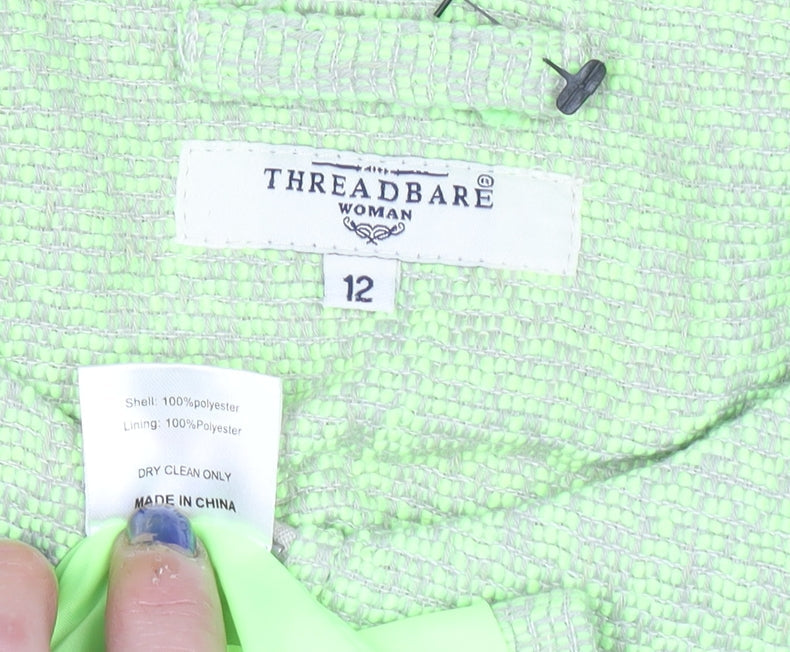 Threadbare Women Green Mid-Length Zip Tweed Coat Size 12