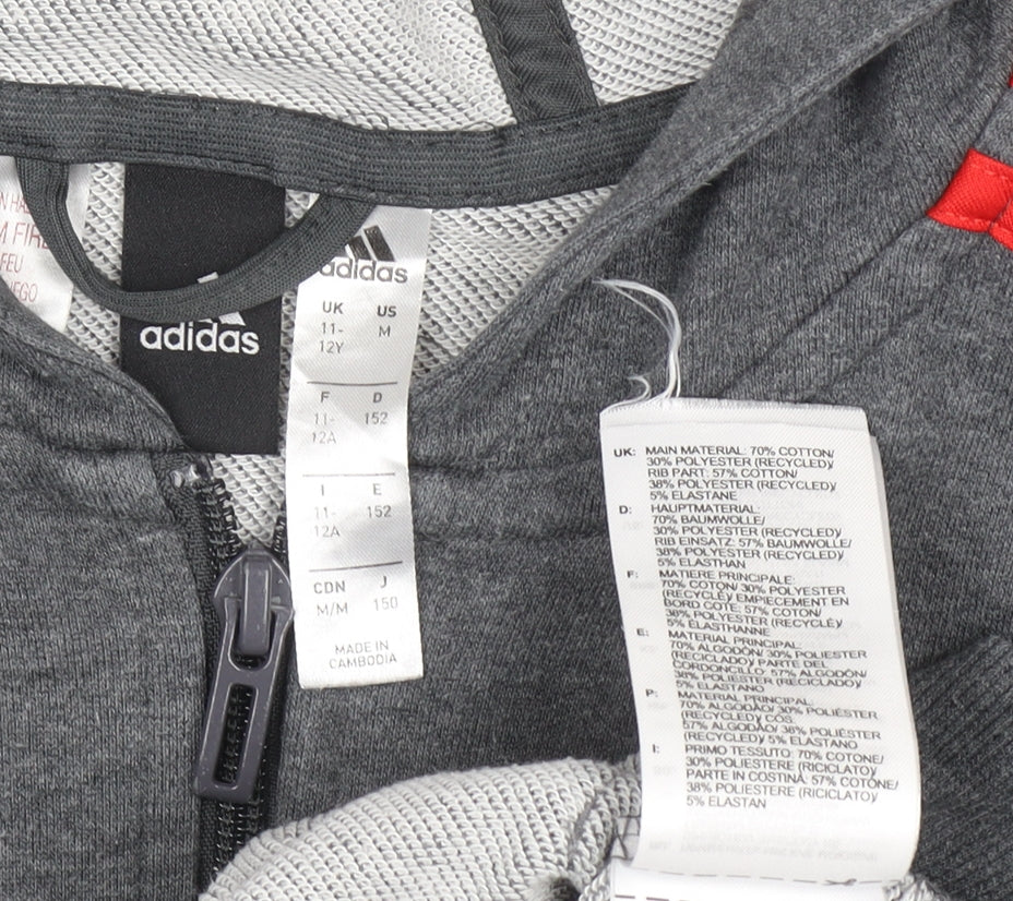 Adidas Boys Grey Full Zip Hoodie 11-12 Years Cotton Blend Red Stripes