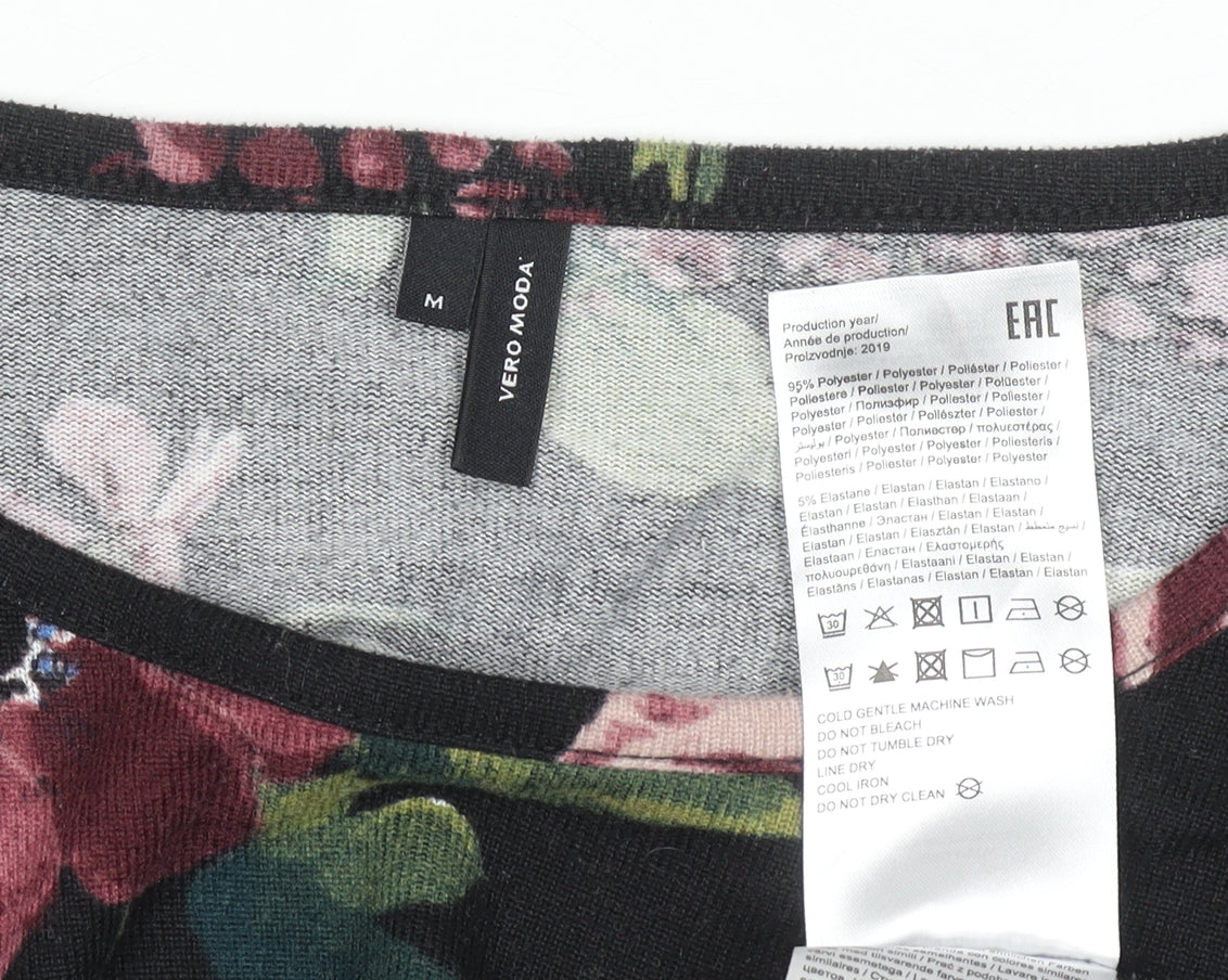 Vero Moda Women's Black Floral 3/4 Sleeve Pullover Jumper M