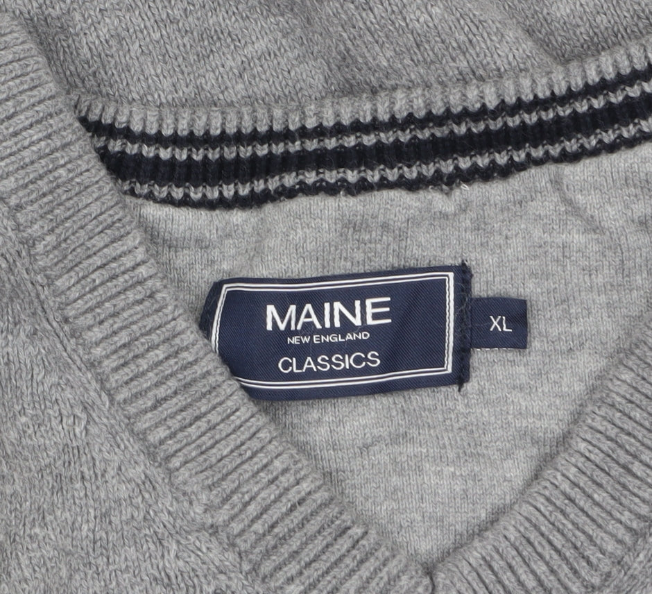 Maine New England Men's Grey Wool V-Neck Pullover Jumper XL