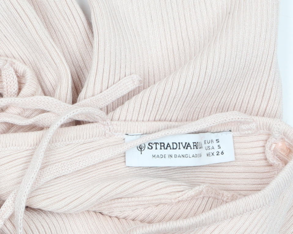 Stradivarius Women Beige Ribbed V-Neck Slim Fit Pullover Jumper Size 8