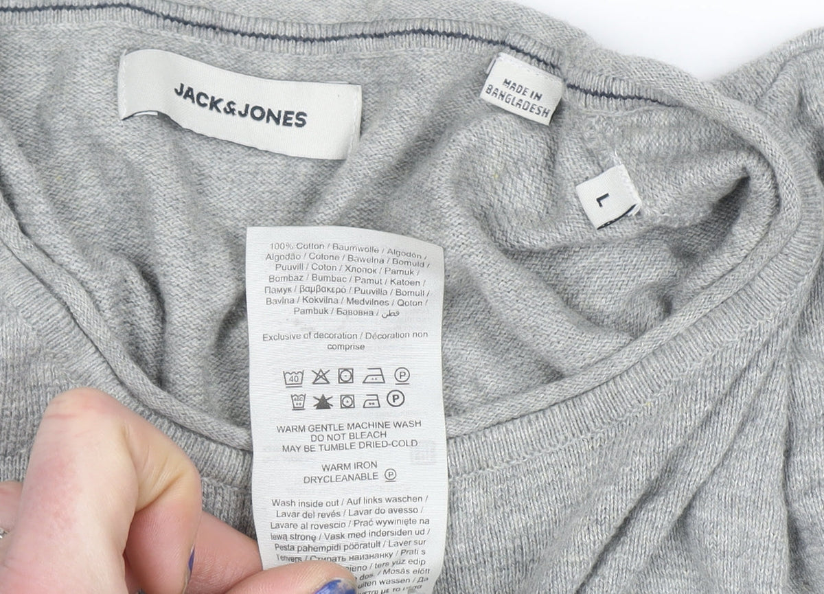 Jack & Jones Men's Grey Cotton Crew Neck Pullover Jumper Size L
