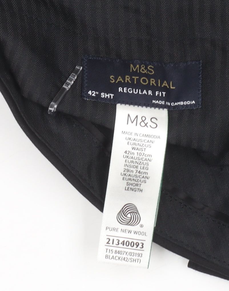 Marks and Spencer Mens Black 42S Regular Fit Wool Dress Trousers