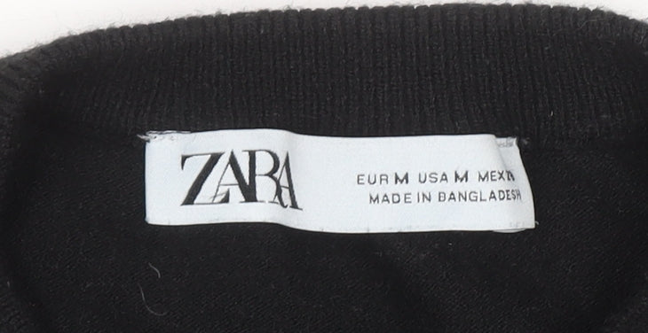 ZARA Women Black Cotton Blend Crew Neck Button Cardigan M