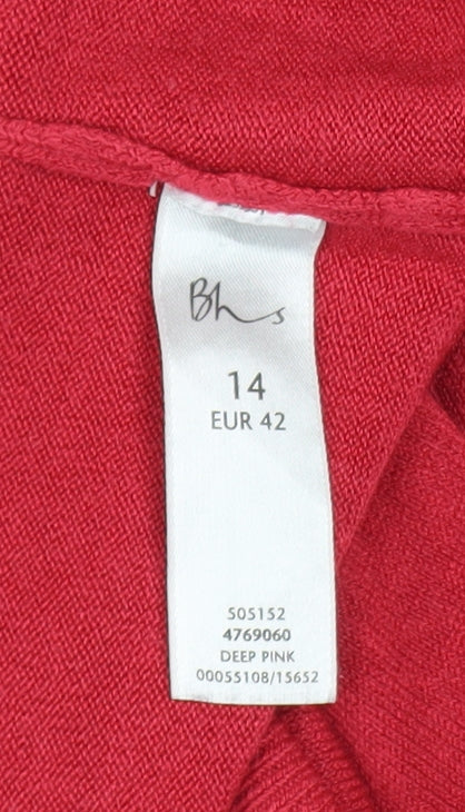 BHS Women's Pink V-Neck Long Sleeve Acrylic Jumper Size 14