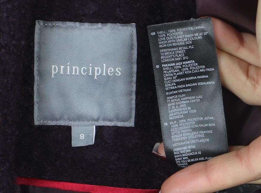 Principles Women’s Purple Wool Blend Pea Coat Size 8 Buttoned Mid-Length