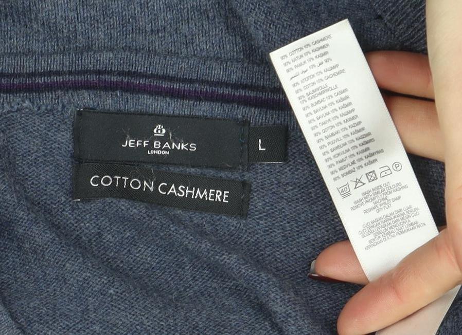 Jeff Banks Men's Blue Cotton Cashmere V-Neck Jumper Size L