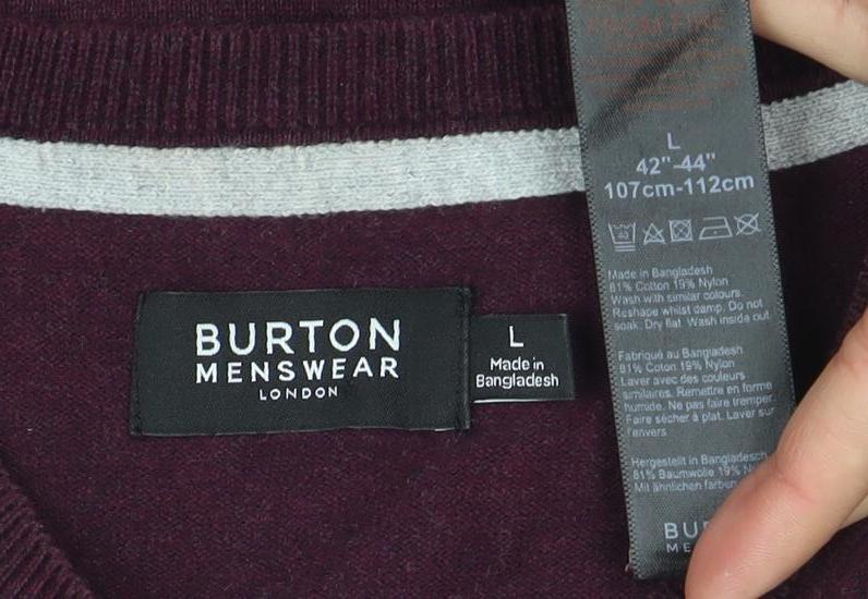 Burton Menswear Men's Purple V-Neck Cotton Cashmere Jumper Size L