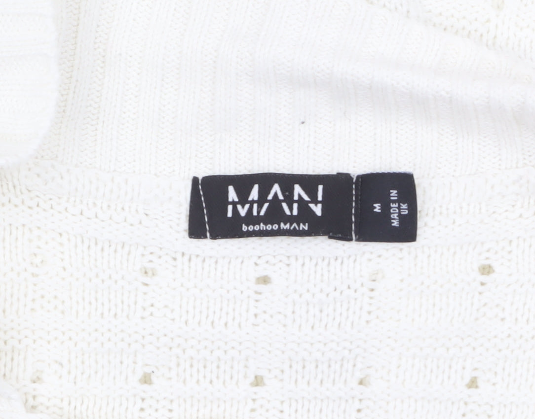 boohooMAN Men’s Ivory Short Sleeve Collared Knit Cardigan M