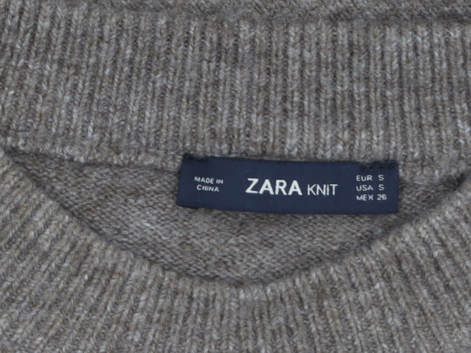 Zara Women Beige Knit Pullover Jumper Size 8 Crew Neck Bow Detail