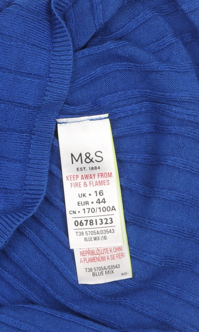 Marks & Spencer Women Blue Size 16 Ribbed Knit Short Sleeve Jumper