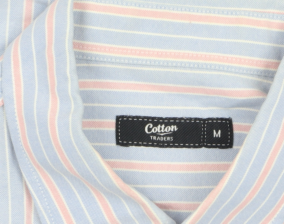Cotton Traders Men's Blue Striped Short Sleeve Button-Up Shirt M