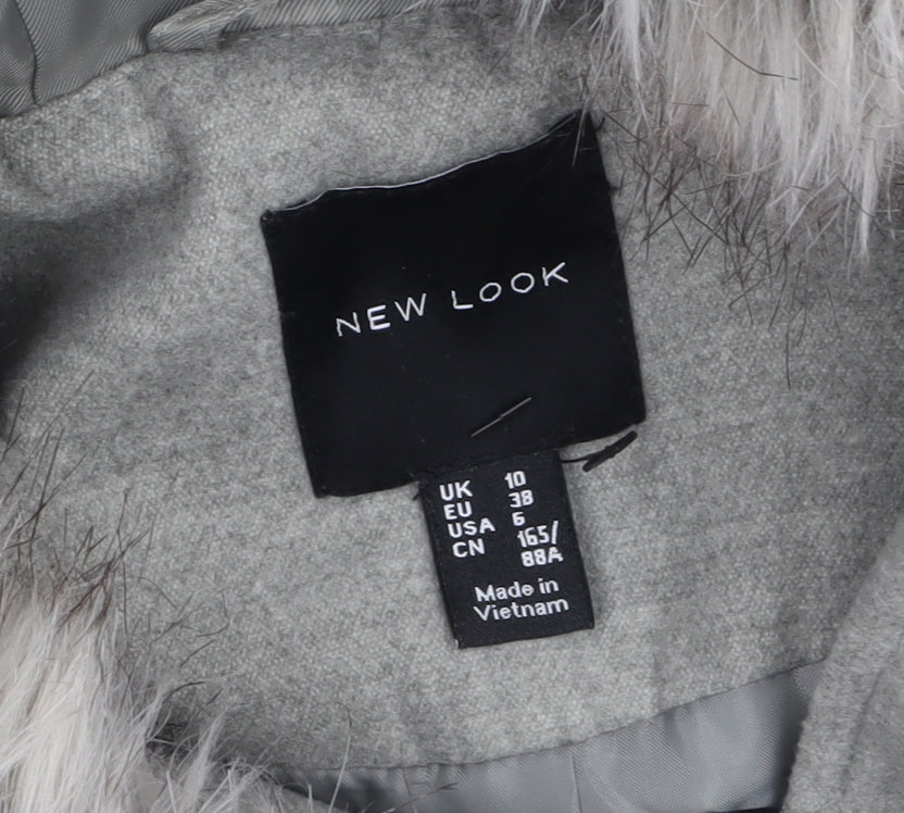 New Look Women's Grey Faux Fur Hooded Duffle Coat Size 10