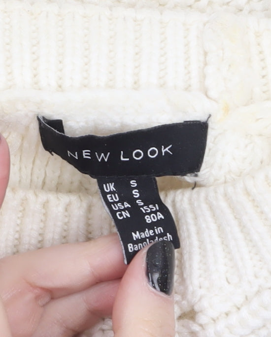New Look Women Ivory Chunky Knit Bow Detail Jumper Size S